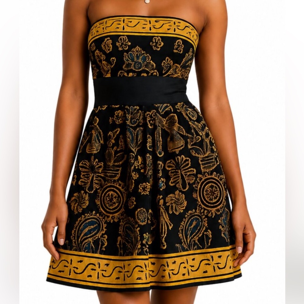 Black and Yellow Strapless Pattern Mini Dress